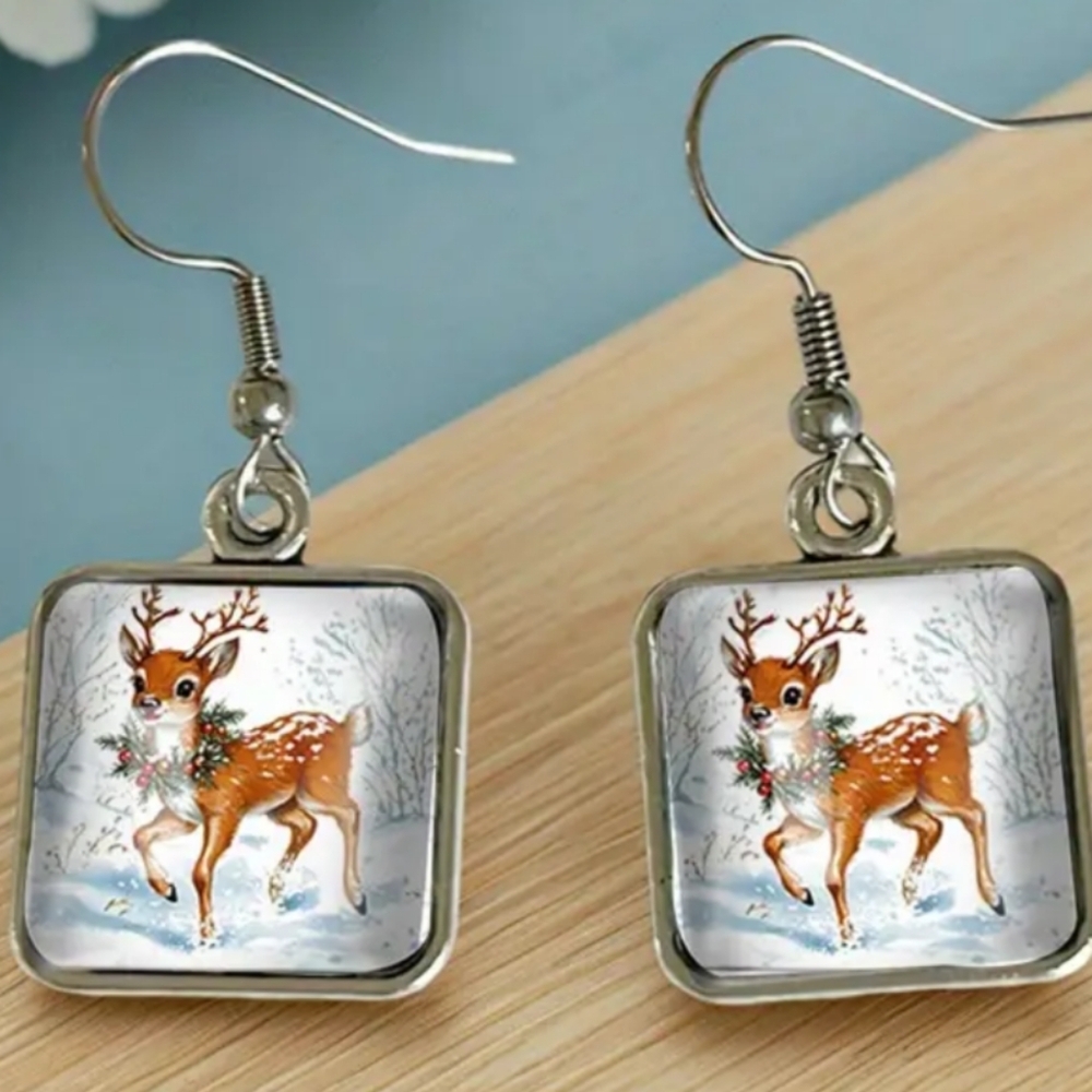 Christmas Holiday earrings Charming Reindeer Silver animal print crystal glass